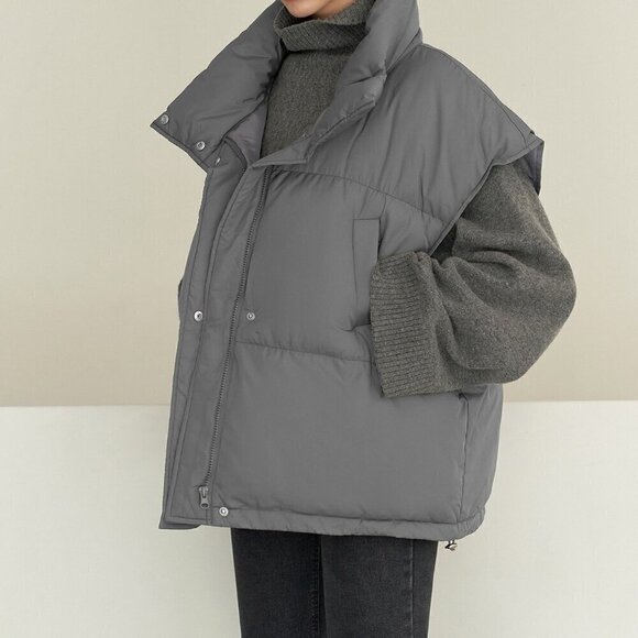 Grey Casual Women's Drawstring Hem Sleeveless Zip Front Puffer Pockets Coat - Picture 4 of 8